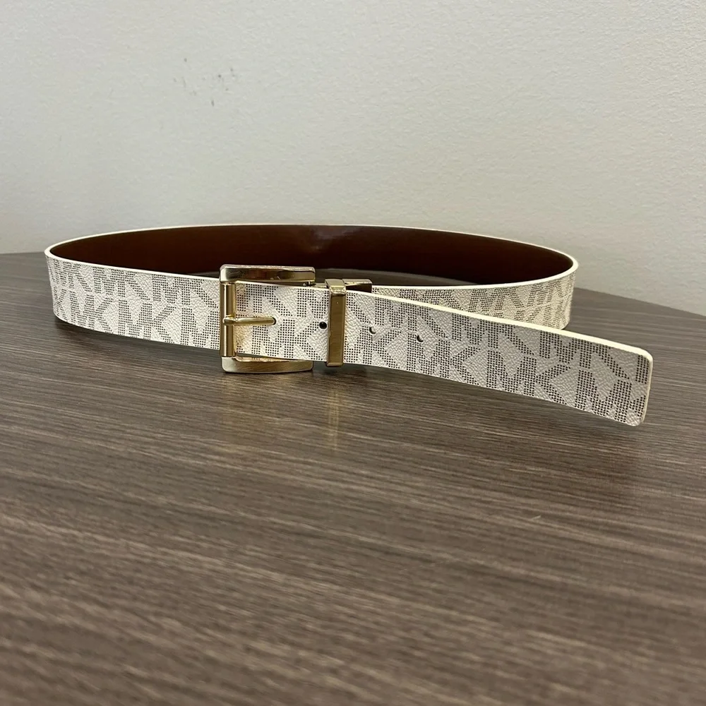 Michael Kors White and Brown Monogram Leather Gold Buckle Belt